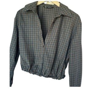 Zara Blue and Brown Checkered Button-Down Shirt elastic band waistline
